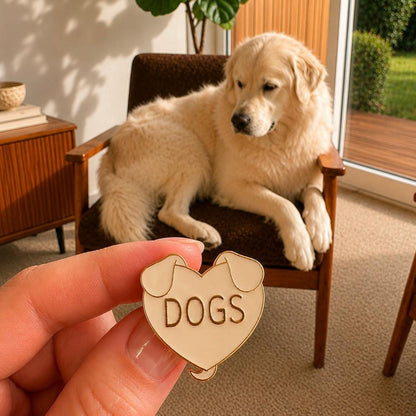 White DOGS heart enamel pin held beside a golden retriever, dog lover gift by The Grumpy Unicorn