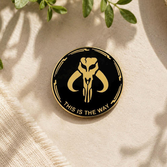 This is the Way enamel pin, gold Mythosaur skull on black, Mandalorian Star Wars pin