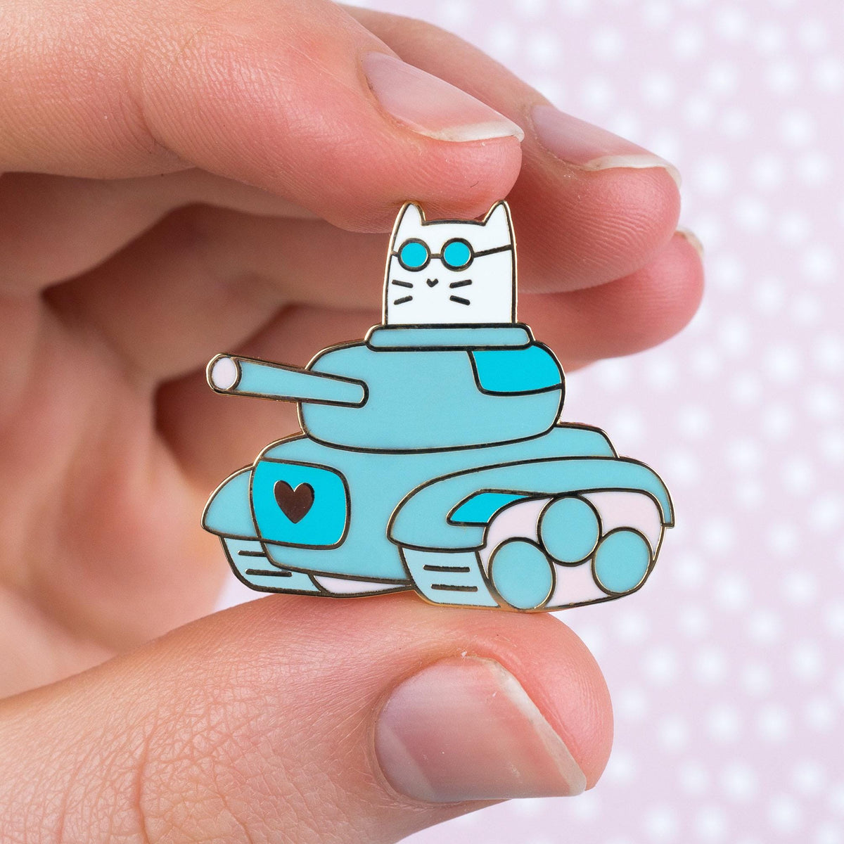 Frank Tank enamel pin, cat driving a blue tank, gold plated cat pin