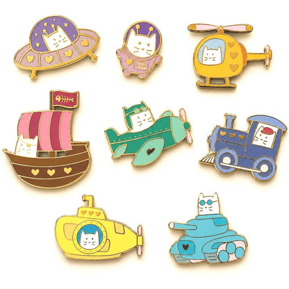 Frank Tank enamel pin, cat driving a blue tank, gold plated cat pin