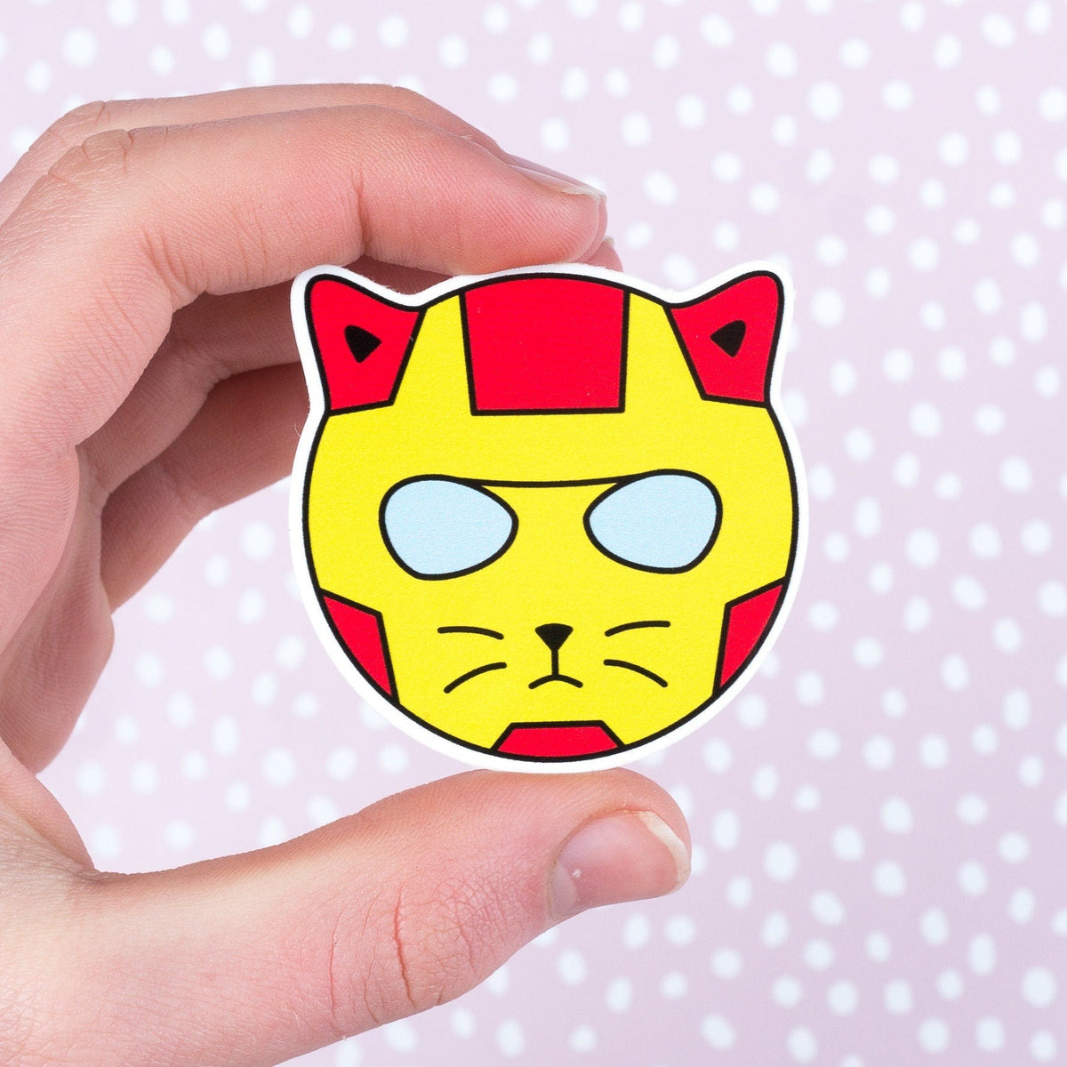 Iron Cat Sticker, cat face in a red and gold armour helmet, Marvel sticker