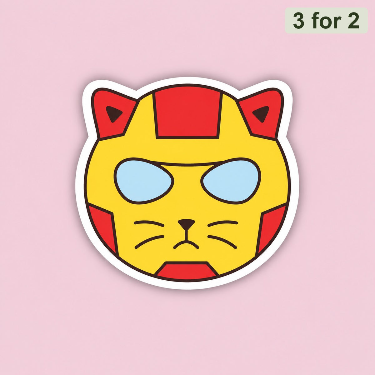 Iron Cat Sticker, cat face in a red and gold armour helmet, Marvel sticker