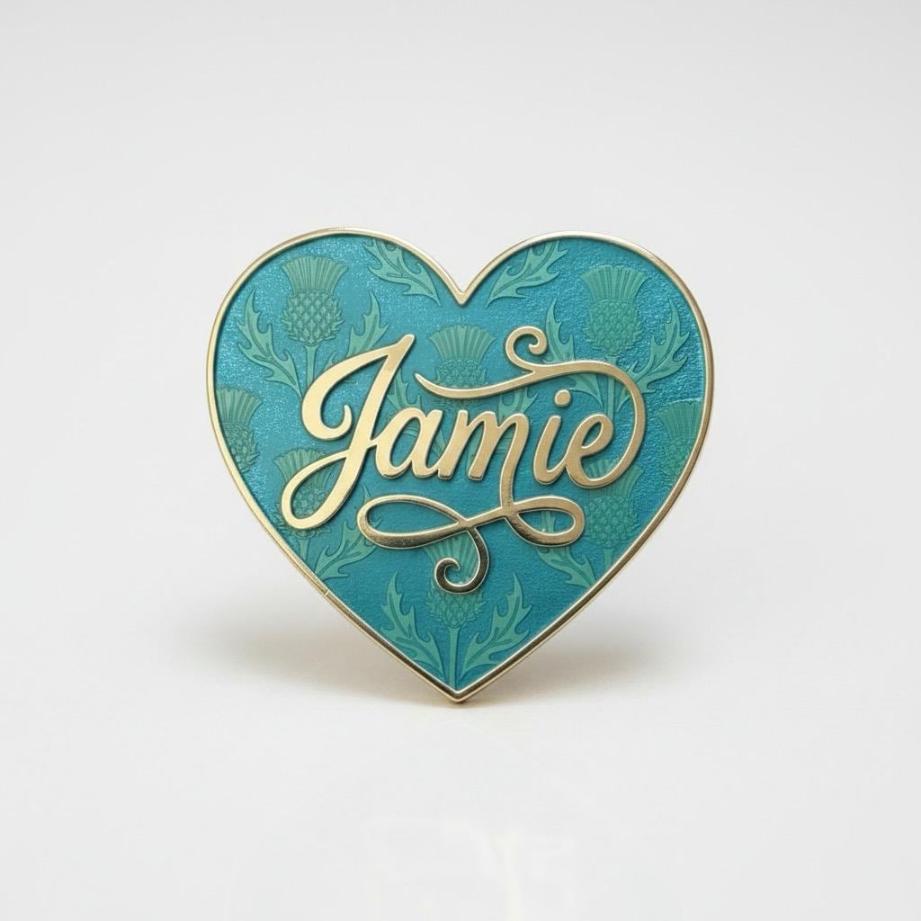 Jamie Fraser heart pin — teal heart with Scottish thistles engraved into the enamel and Jamie in gold script, on a clean white background. Outlander fan pin.