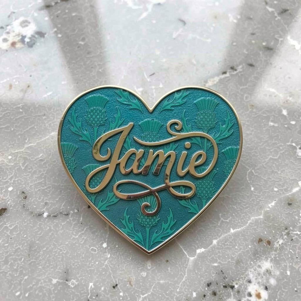 Jamie Fraser heart pin on a white marble surface. Teal heart with thistle pattern and gold lettering.