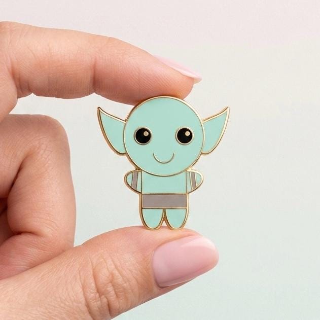 Kawaii goblin enamel pin, teal with gold plating