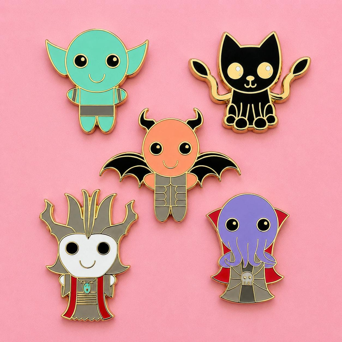 The five kawaii monster pins on pink
