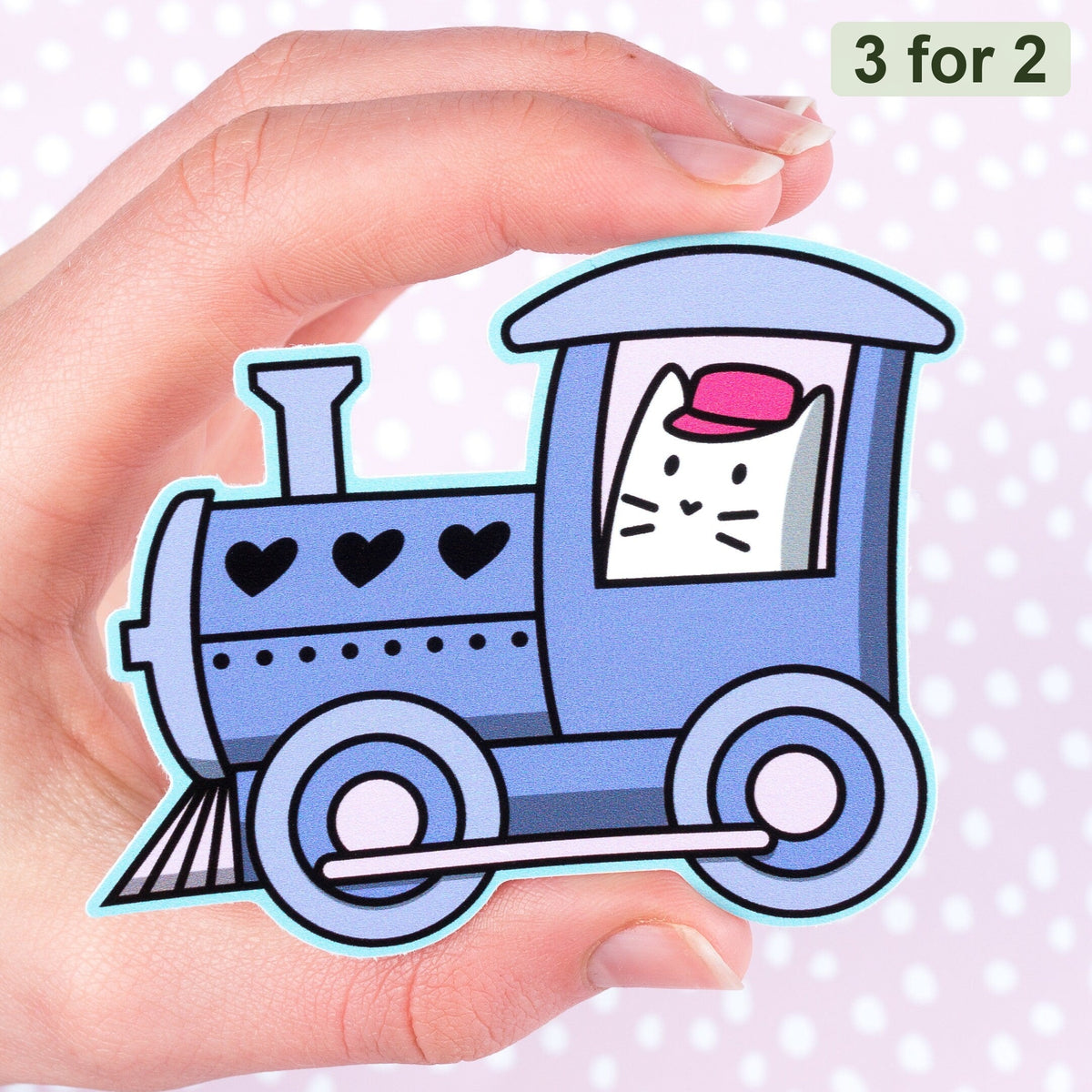 Kitty Choo Choo Sticker, Frank the cat driving a blue train, cat sticker