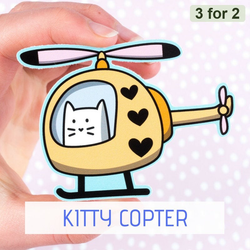 Kittycopter Sticker, Frank the cat flying a yellow helicopter with heart decals, cat sticker