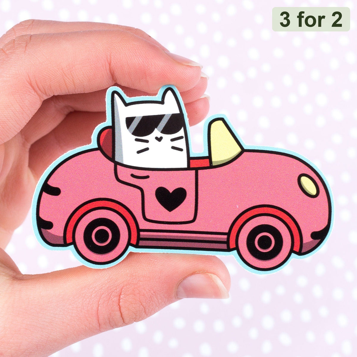 Kittymobile Sticker, Frank the cat in sunglasses driving a red car, cat sticker