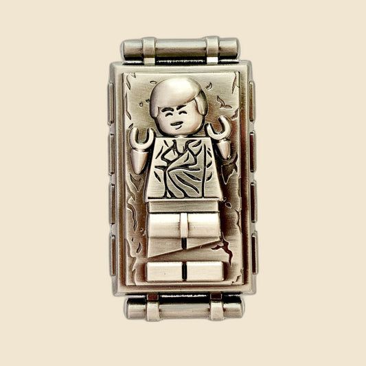 Lego Carbonite Han Solo on cream background