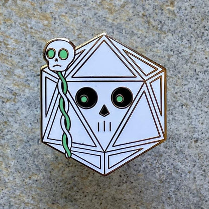 Lich D20 dice creature enamel pin, white d20 with a skull staff