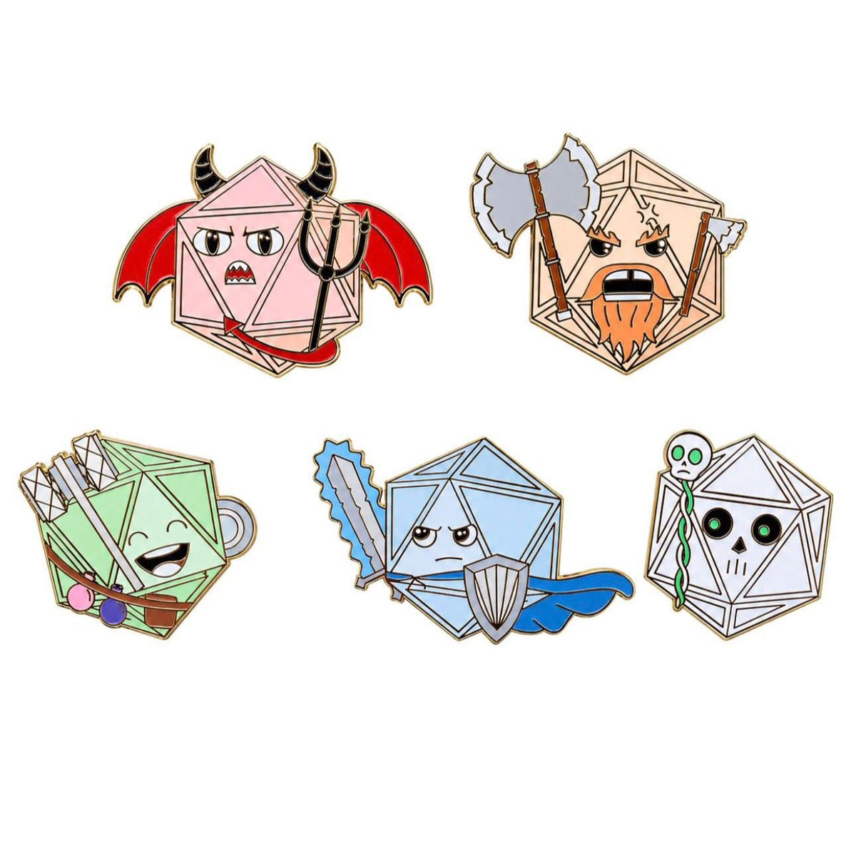 The five D20 dice creature enamel pins