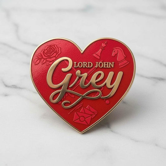 Lord John Grey heart pin — red heart with rose, chess pieces (king and knight) and a sealed letter engraved into the enamel and Lord John Grey in gold script, on a white marble surface. Outlander fan pin.