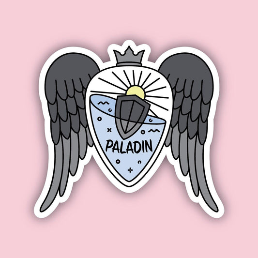 Paladin Vessel sticker (Black) — heart-shaped potion with grey angel wings, crown, sun rays and shield emblem, D&D Paladin class sticker