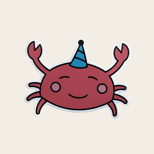 Party Crabby sticker - kawaii red crab wearing a blue striped party hat