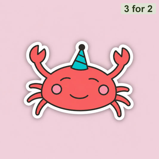Party Crabby sticker - kawaii red crab wearing a blue striped party hat