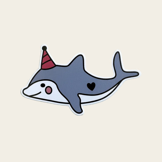Party Dolphin sticker - kawaii dolphin with red party hat and heart on its side