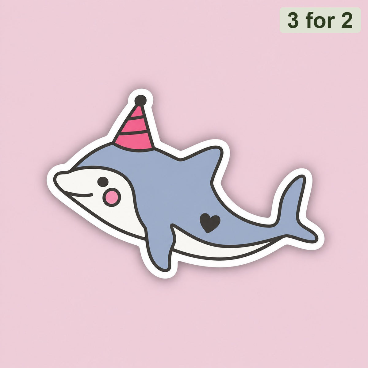 Party Dolphin sticker - kawaii dolphin with red party hat and heart on its side