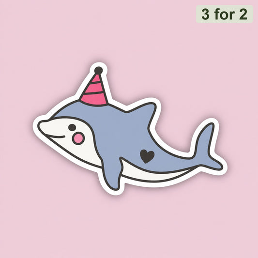 Party Dolphin sticker - kawaii dolphin with red party hat and heart on its side
