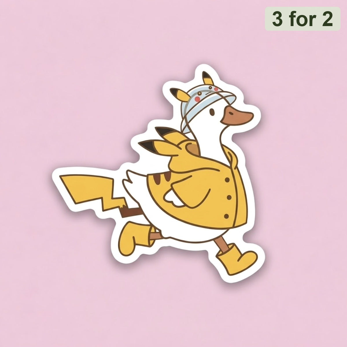 Pikachu Goose Sticker, clear sticker of a white goose in a yellow Pikachu raincoat and boots