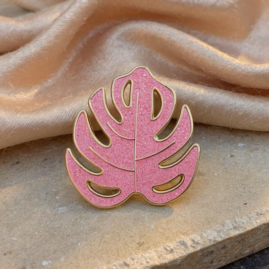 Pink Glitter Monstera Leaf, enamel pin