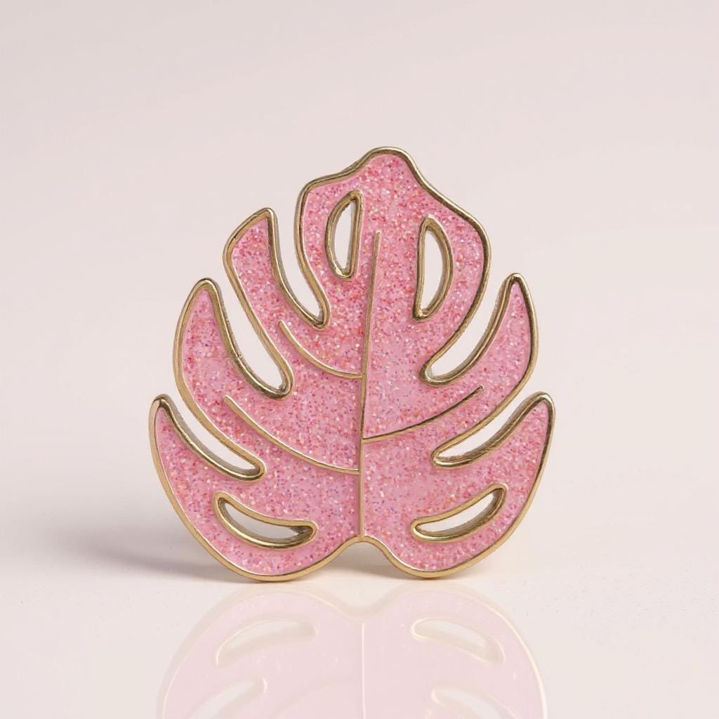 Pink Glitter Monstera Leaf, enamel pin