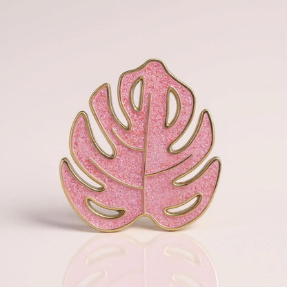 Pink Glitter Monstera Leaf, enamel pin
