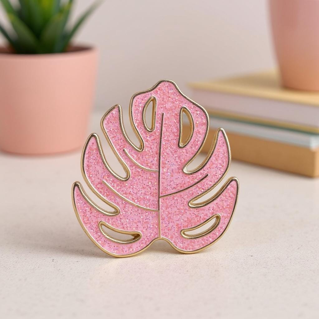 Pink Glitter Monstera Leaf, enamel pin
