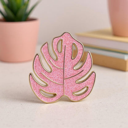 Pink Glitter Monstera Leaf, enamel pin