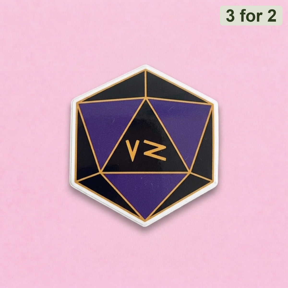 Purple D20 Sticker, purple and black d20 with gold lines and a letter on the face