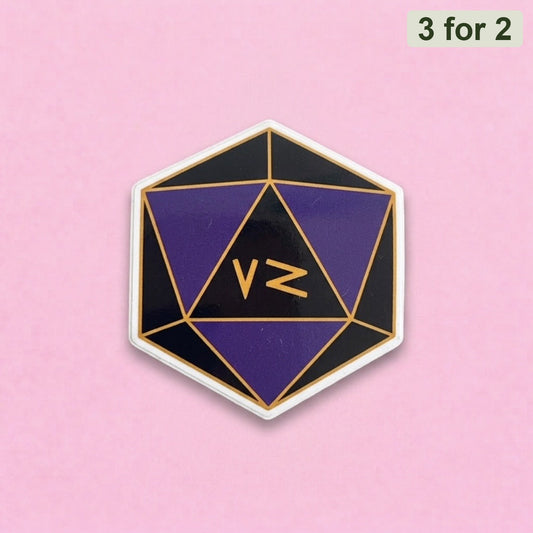 Purple D20 Sticker, purple and black d20 with gold lines and a letter on the face