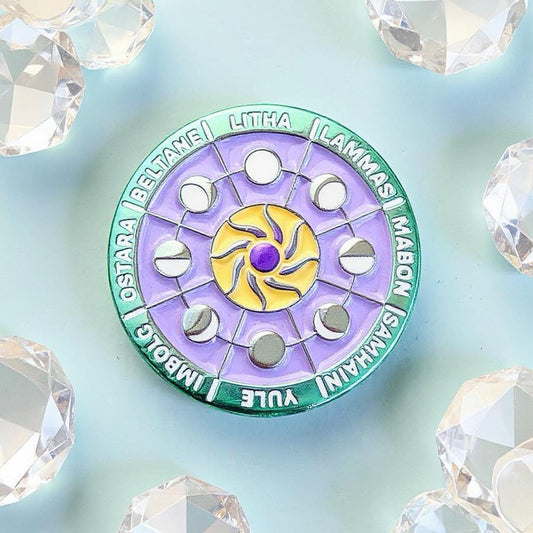 Rainbow Wheel of the Year, witchy enamel pin
