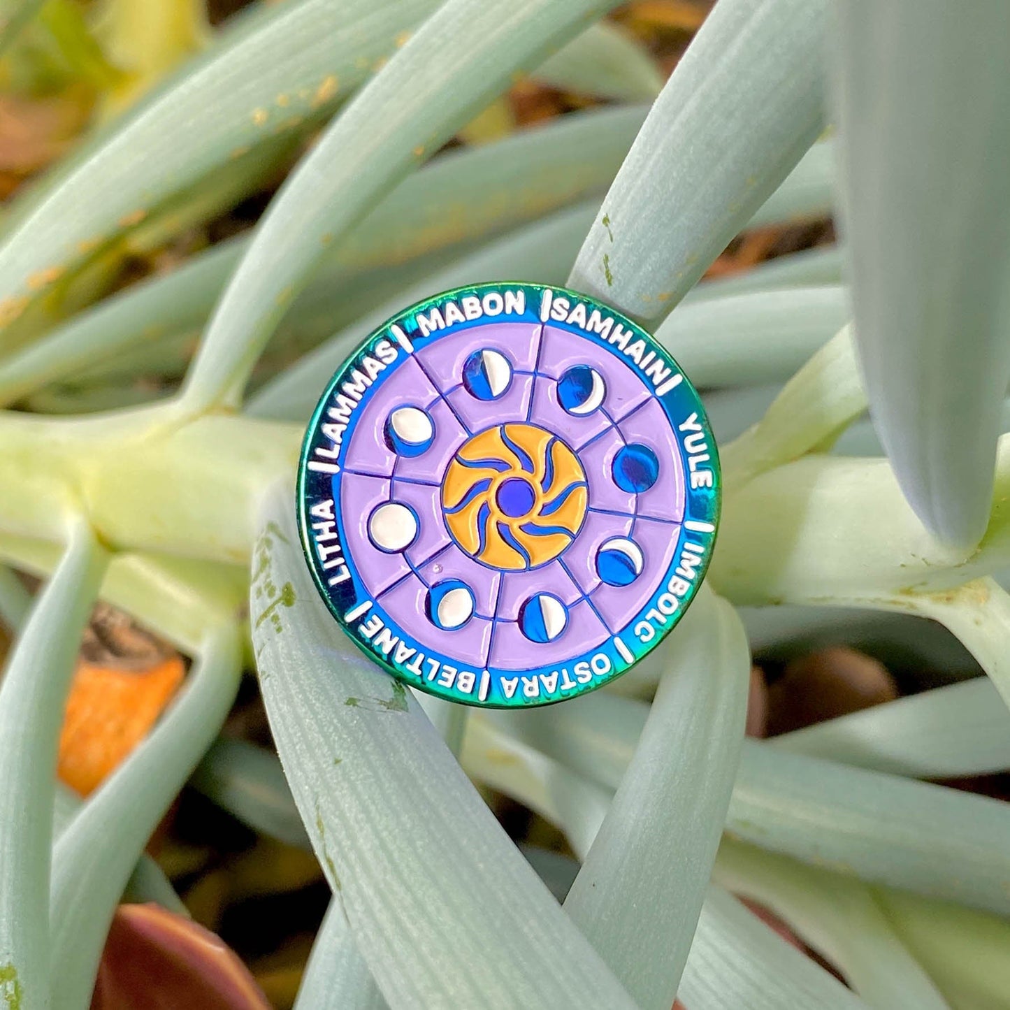 Rainbow Wheel of the Year, witchy enamel pin