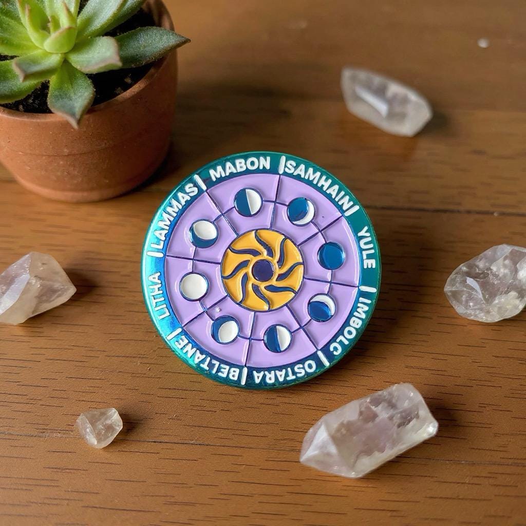 Rainbow Wheel of the Year, witchy enamel pin