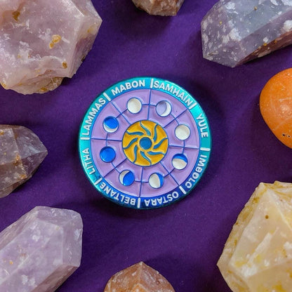 Rainbow Wheel of the Year, witchy enamel pin