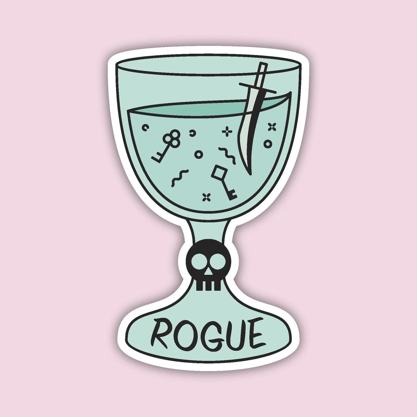 Rogue Vessel sticker — mint green chalice with skull base, dagger and key floating inside, D&D Rogue class sticker