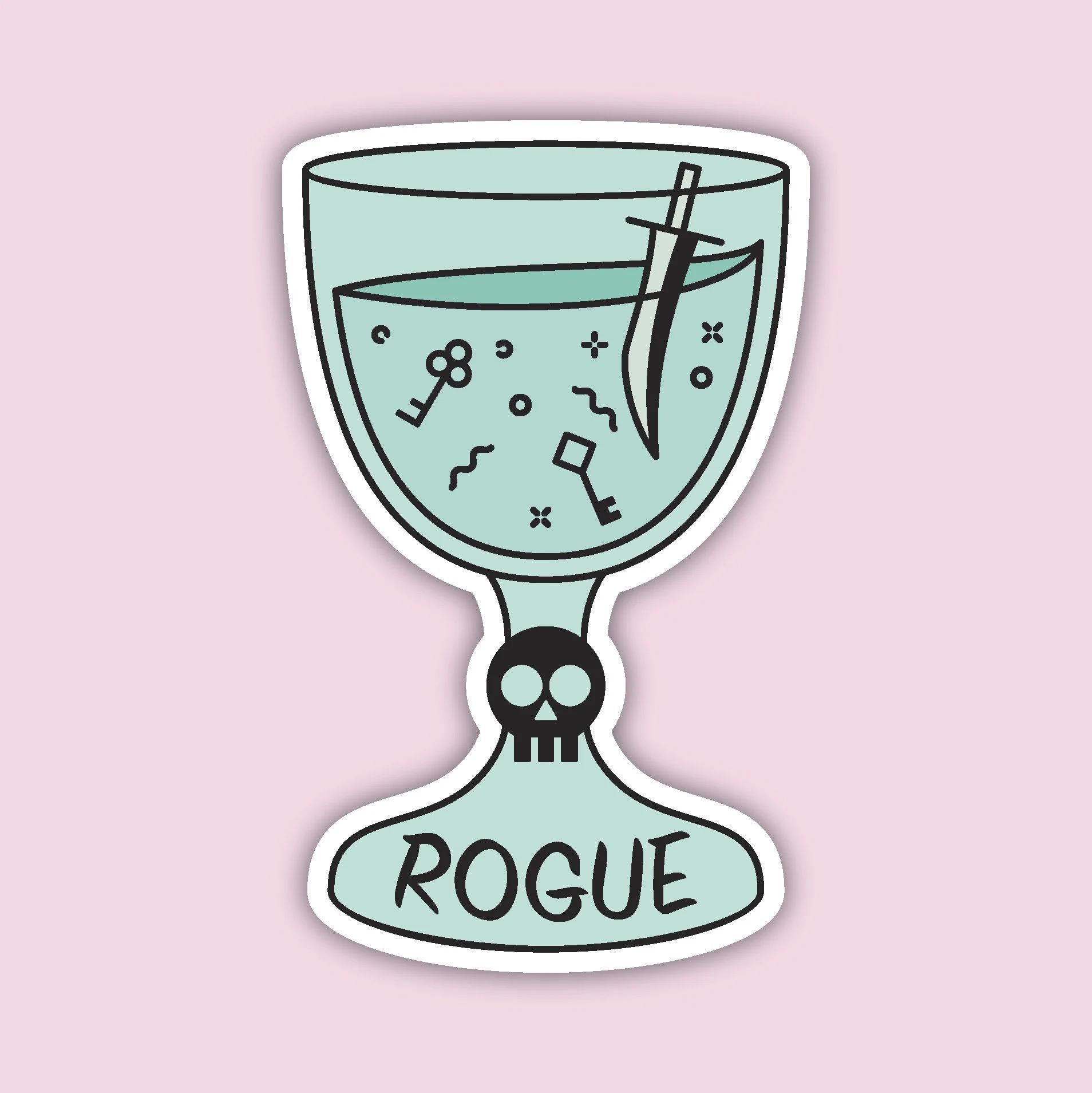 Rogue Vessel sticker — mint green chalice with skull base, dagger and key floating inside, D&D Rogue class sticker