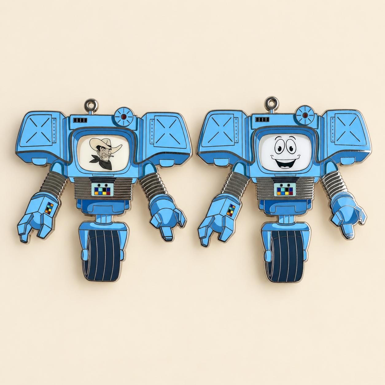 Victor and Yes Man Securitron enamel pins side by side, blue Fallout New Vegas robot pins with screen printed faces