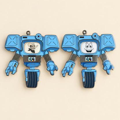 Victor and Yes Man Securitron enamel pins side by side, blue Fallout New Vegas robot pins with screen printed faces