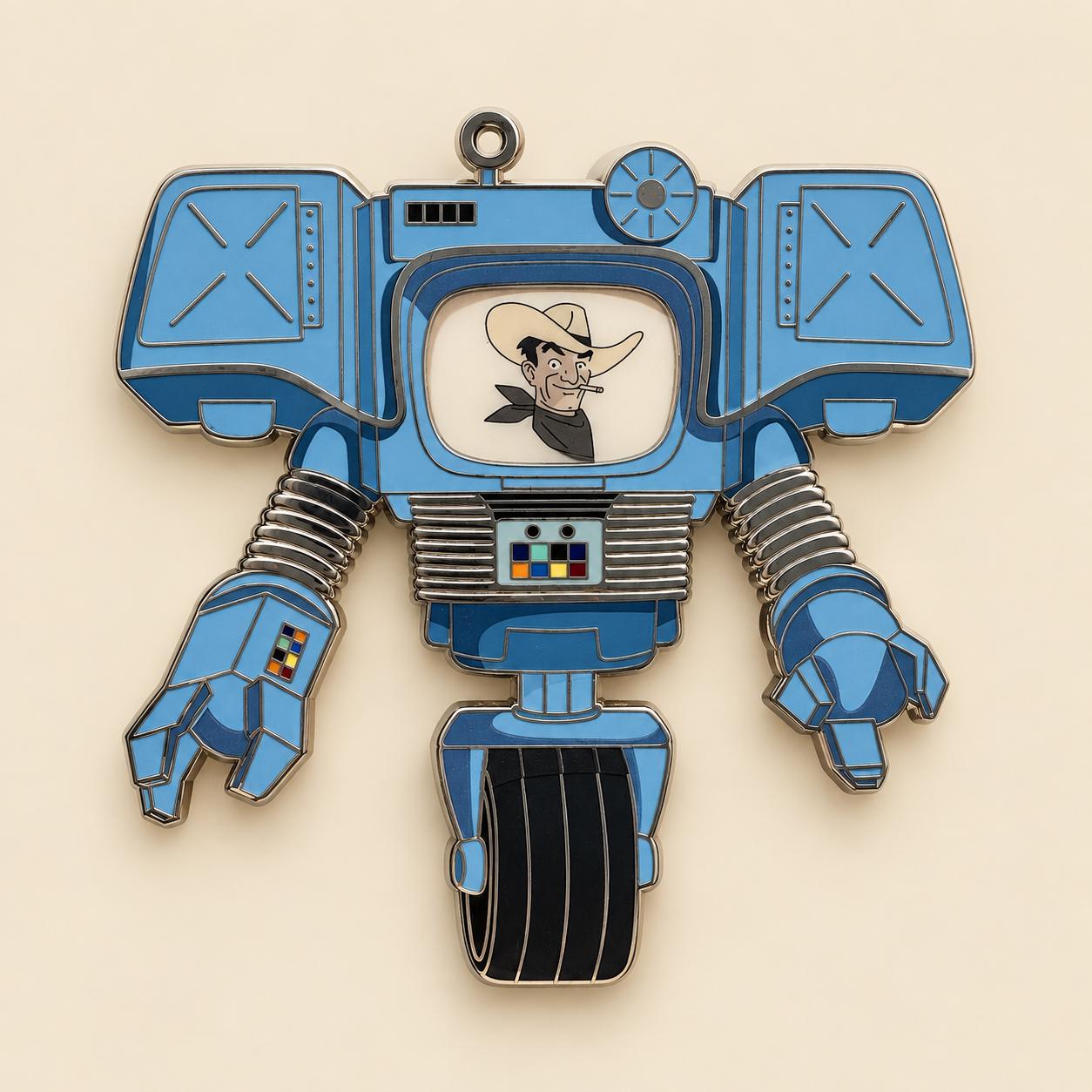 Victor Securitron enamel pin, cowboy face Fallout New Vegas robot pin in blue and silver