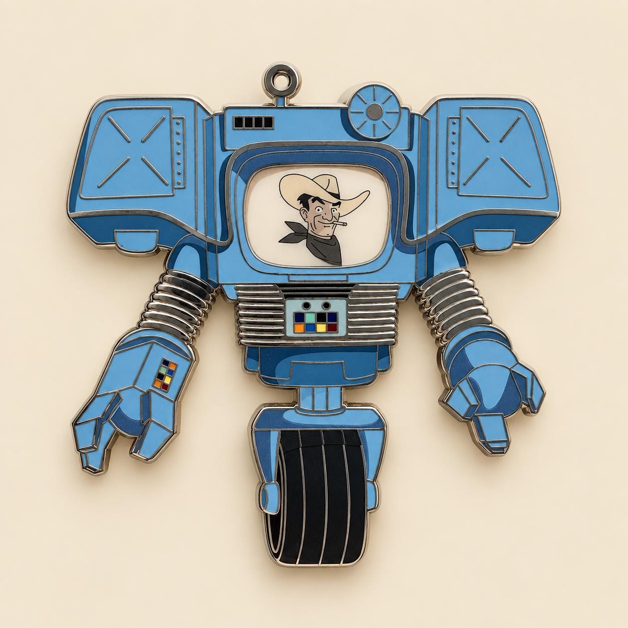 Victor Securitron enamel pin, cowboy face Fallout New Vegas robot pin in blue and silver