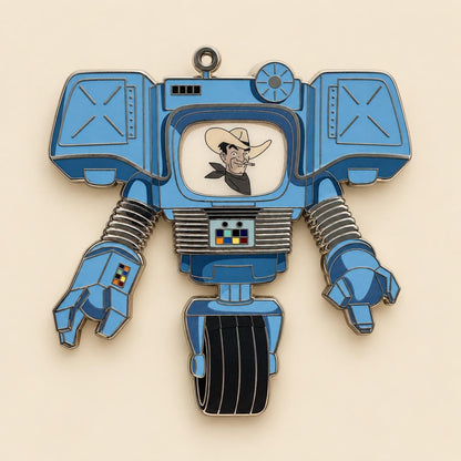 Victor Securitron enamel pin, cowboy face Fallout New Vegas robot pin in blue and silver