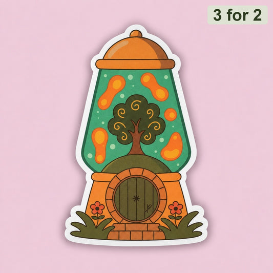 Shire Lava Lamp Sticker, clear sticker of a retro lava lamp with a hobbit hole, round door and tree inside, LOTR sticker