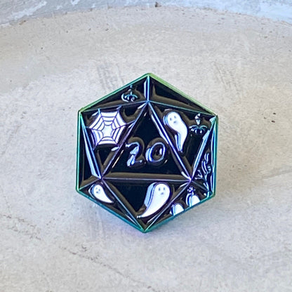 SPOOKY Rainbow D20, D&D enamel pin