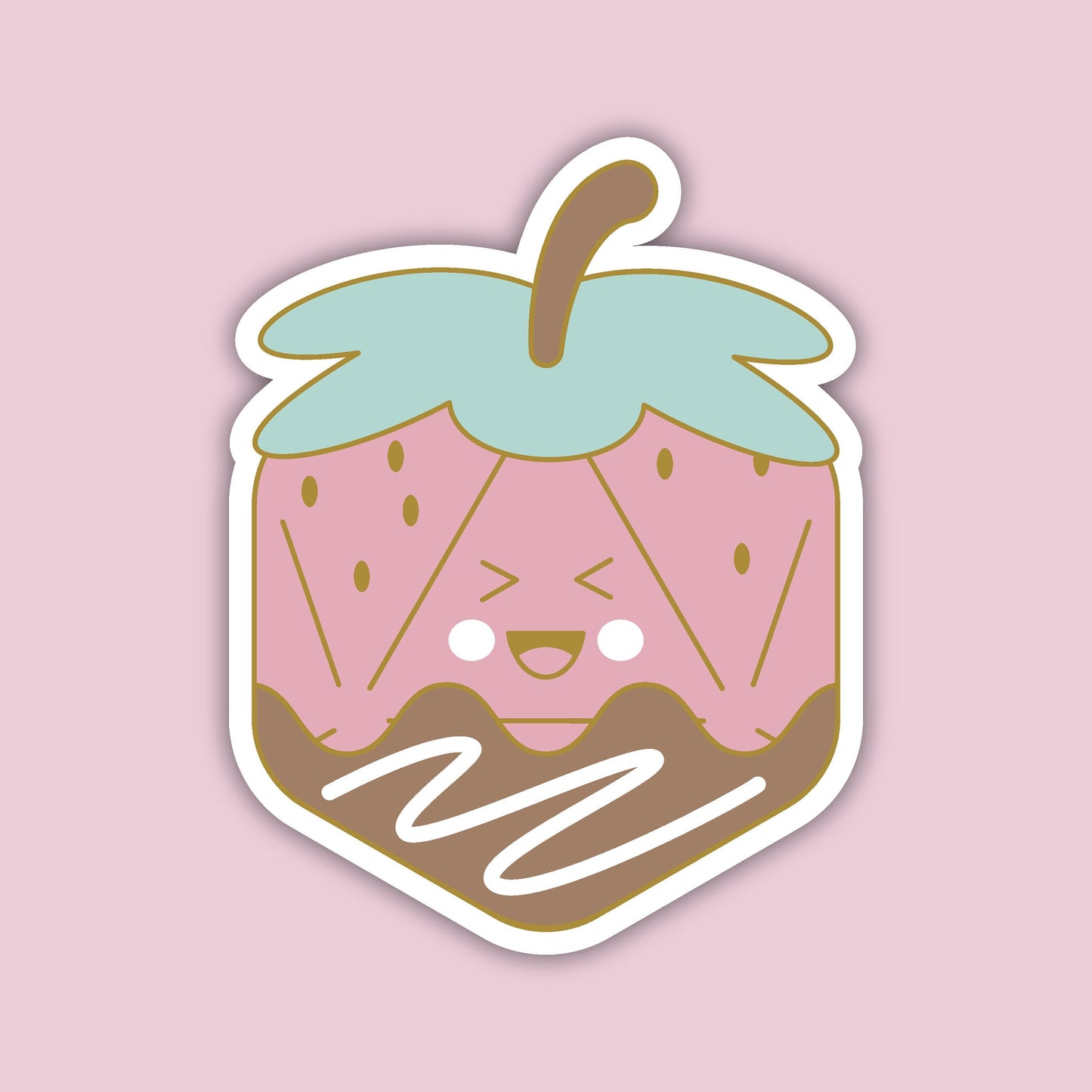 Strawberry Dice sticker — kawaii strawberry-shaped d20 with green leaves on top and a chocolate drip at the base, D&D dice sticker