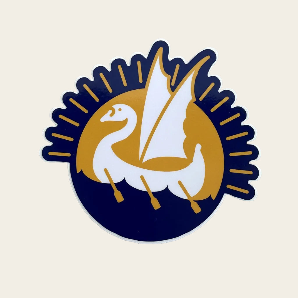 Swan of Dol Amroth sticker - heraldic swan-prowed boat on navy with gold rays, LOTR symbol of Prince Imrahil