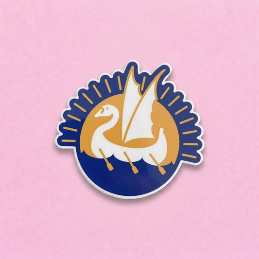 Heraldic swan-prowed boat sticker on navy with gold rays