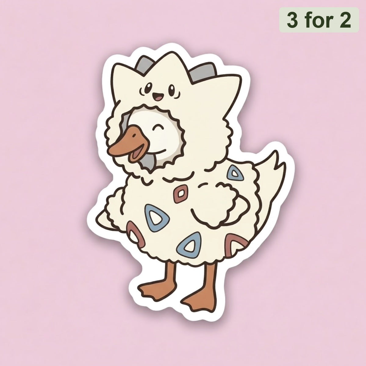 Togepi Goose Sticker, clear sticker of a smiling white goose in a fluffy cream Togepi costume