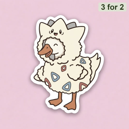 Togepi Goose Sticker, clear sticker of a smiling white goose in a fluffy cream Togepi costume
