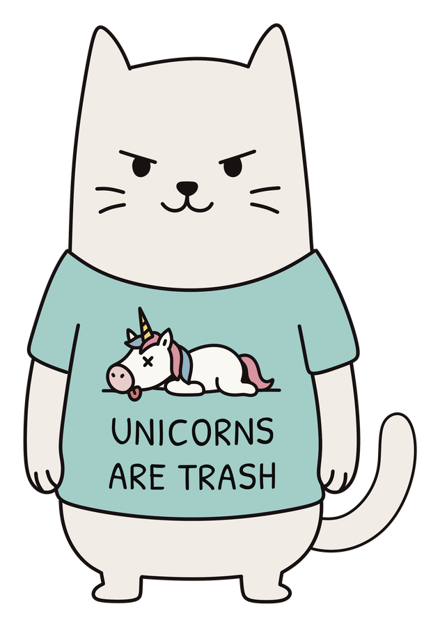 Frank the cat in a Unicorns Are Trash t-shirt, mascot of the cat enamel pins collection